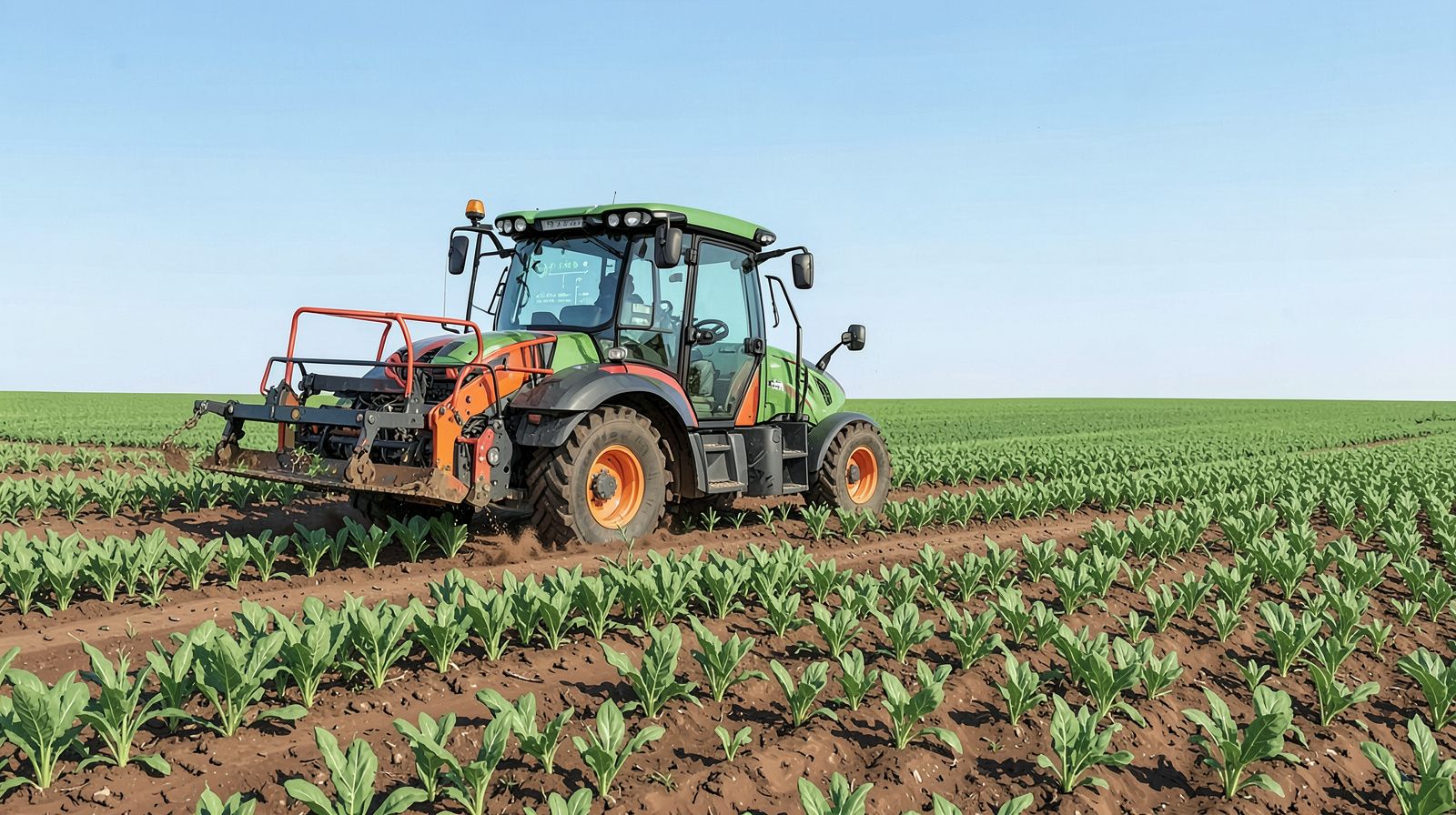 Traktor s sprejemnikom za satelitsko navigacijo na strehi med delom v ravnih vrstah njive. Ilustrativni prikaz, ustvarjen z umetno inteligenco.