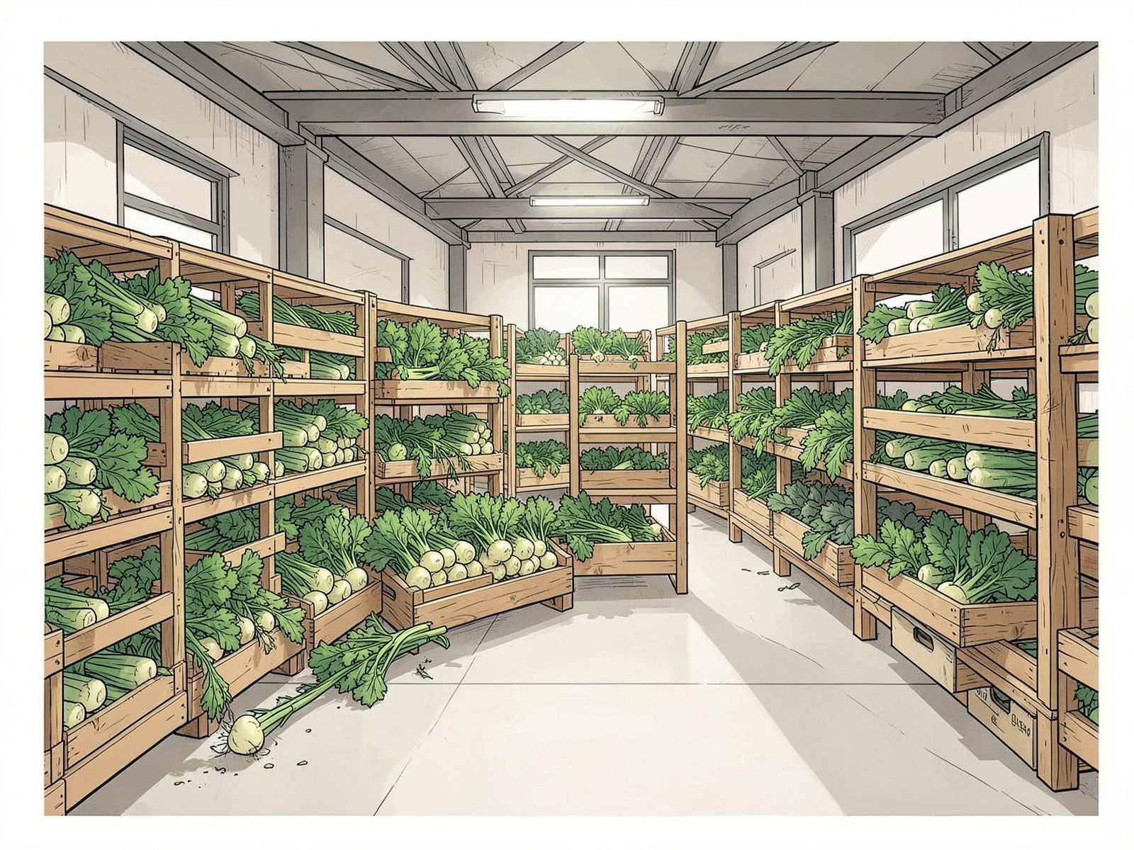 Gomolji krompirja v plitvih zabojih v prezračevanem skladiščnem prostoru. Ilustrativni prikaz, ustvarjen z umetno inteligenco.